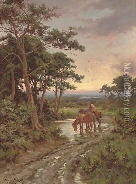 Watering the horses, sunset Oil Painting - Henry Hillier Parker