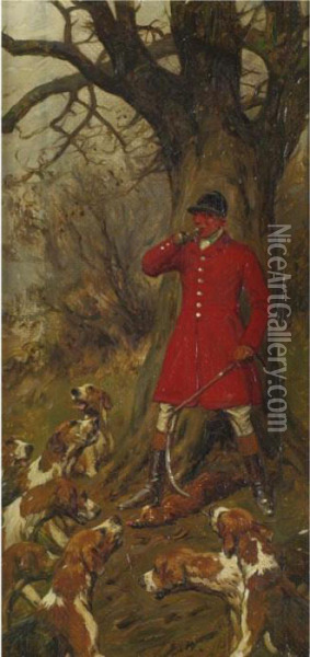 Hunstman Calling Hounds At The Kill Oil Painting - George Wright