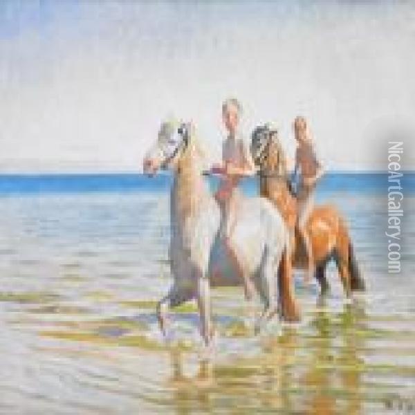 Drenge Ride Heste Til Vands. Skagen 1900 Oil Painting - Michael Ancher