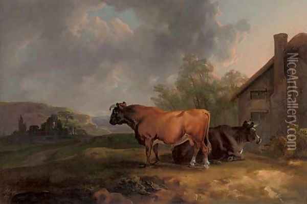 Cattle in a landscape by a cottage, with ruins beyond Oil Painting - Sawrey Gilpin