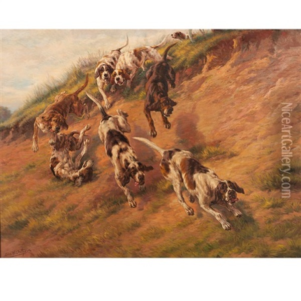 Action Hunting Scene With Eight Dogs Oil Painting - Edmund Henry Osthaus