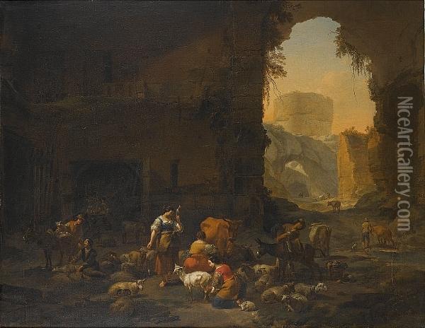 Milkmaids And Shepherds With 
Their Flock At The Mouth Of A Grotto, A Drover Watering His Cattle 
Beyond Oil Painting - Nicolaes Berchem