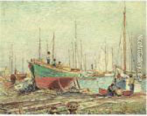 Boats In Drydock Oil Painting - Reynolds Beal