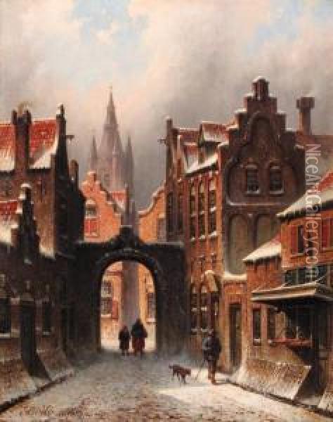 A Snow-covered Street In Delft, With The Church Spire Of The Oudejan In The Background Oil Painting - Eduard Alexander Hilverdink