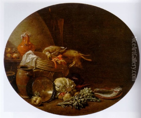 A Kitchen Interior With A Hare And A Mallard On A Table By A Basket With Fish On A Terracotta Plate, Apples And Artichokes Oil Painting - Jan Olis