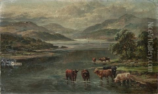 A Drover With Highland Cattle In Front Of A Loch (+ Highland Cattle In A Loch; Pair) Oil Painting - William Langley