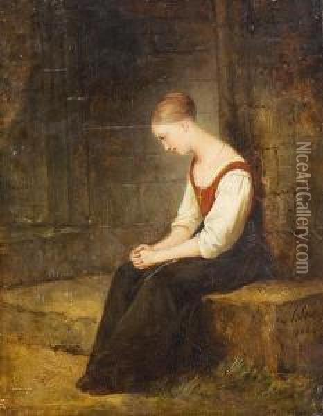 Junges Madchen Mit Gefalteten Handen Auf Kirchenstufe Sitzend Oil Painting - Jeremias Schill