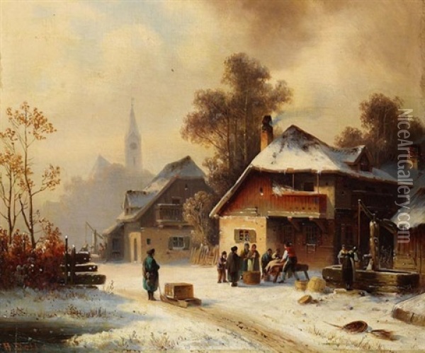 Dorfszene Im Winter Oil Painting - Anton Doll
