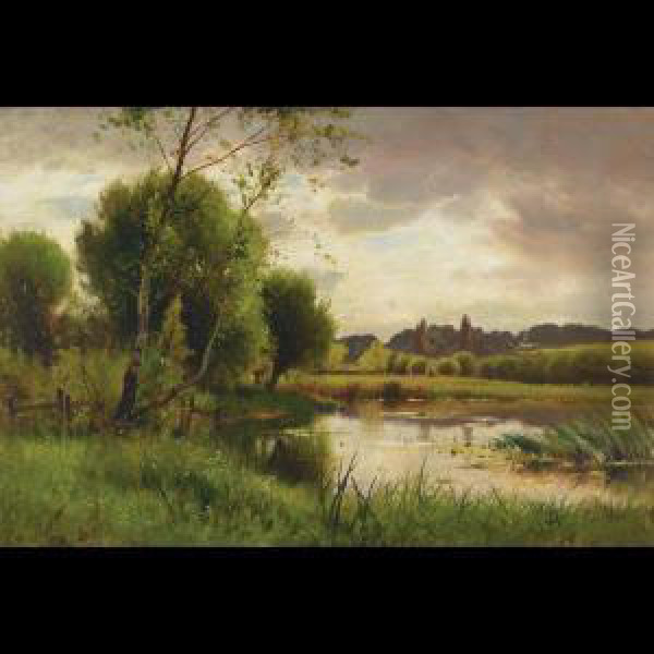 Scenery On A Sunlit River With Cows Grazing Oil Painting - Ernest Parton