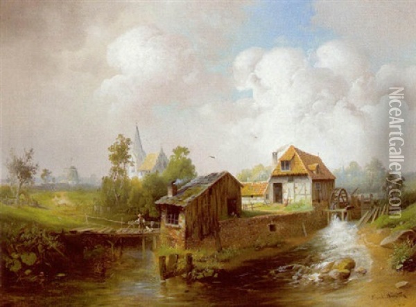 Niederrheinische Dorflandschaft Oil Painting - Paul Koester