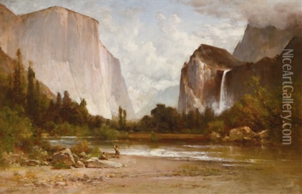 Indians Fishing In Yosemite Oil Painting - Thomas Hill