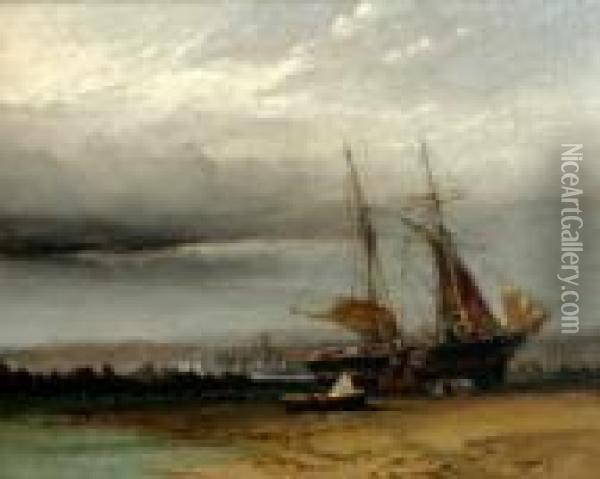 Unloading A Beached Vessel Before A City Oil Painting - Anthony Vandyke Copley Fielding