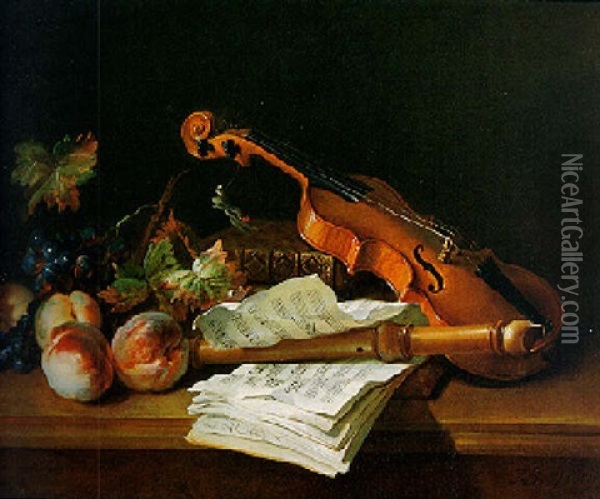 Still Life With A Violin, A Recorder, Books, Sheet Of Music, Peaches And Grapes On A Table Top Oil Painting - Jean-Baptiste Oudry