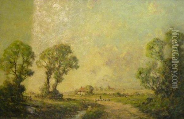 Sheep On A Country Lane 
 With Village In Distance Oil Painting - Harold Goldthwaite