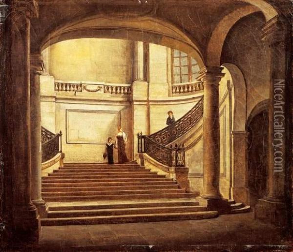 Promeneurs Dans Le Grand Escalier Du Palais Royal Oil Painting - Etienne Bouhot