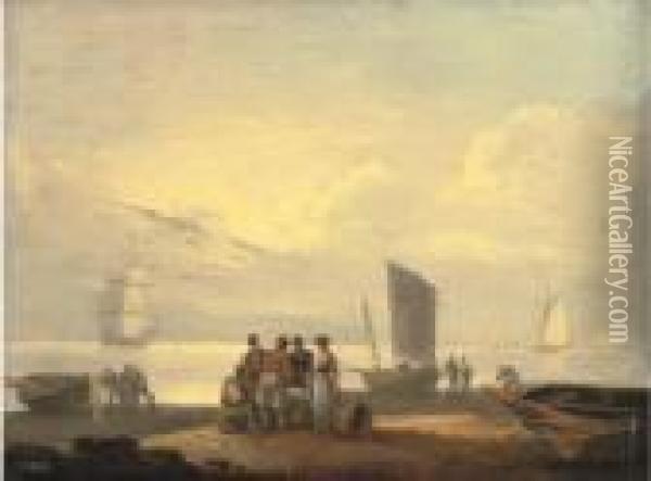 Coastal Scene With Fishermen On A Beach In The Foreground Andsailing Boats Beyond Oil Painting - Thomas Luny