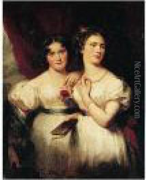 Both Three-quarter Length, Standing, Wearing White Dresses Oil Painting - John Partridge