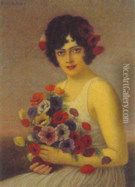 Portrait Einer Jungen Frau Mit Anemonenstraus Oil Painting - Anton Kaulbach