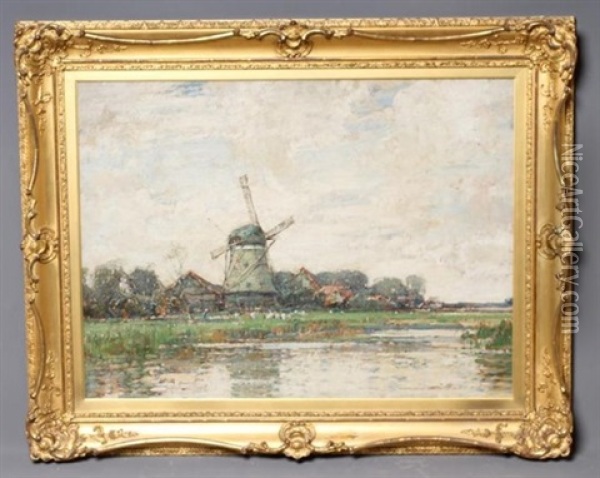 Dutch Landscape With Windmill Oil Painting - Kershaw Schofield