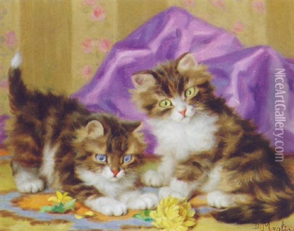 Kittens And A Chrysanthemum Oil Painting - Daniel Merlin