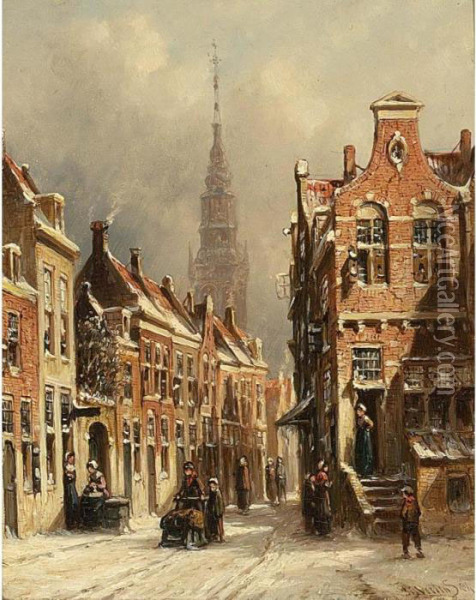Villagers In A Snow Covered Dutch Town Oil Painting - Pieter Gerard Vertin