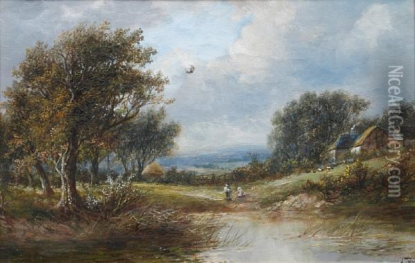 Figures And Sheep In A Landscape; Oil Painting - Joseph Thors