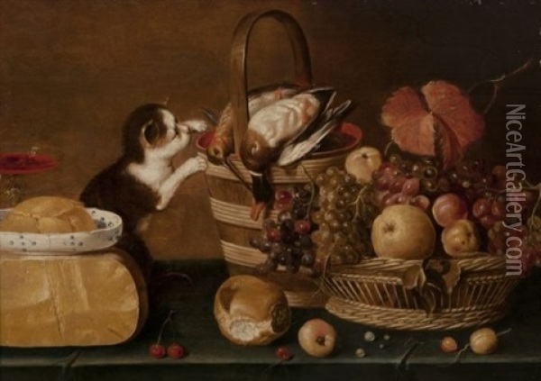 Nature Morte A La Corbeille De Fruits, Aux Oiseaux Et Au Chat Oil Painting - Harmen Steenwyck