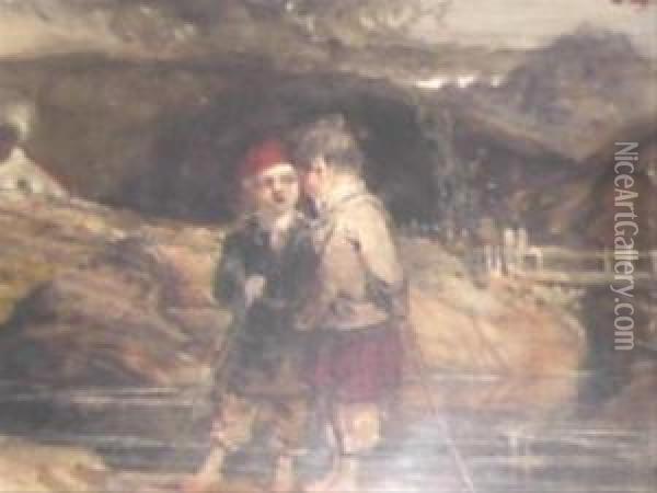 Two Boys Standing By A Stream Oil Painting - John Nicholas Rhodes