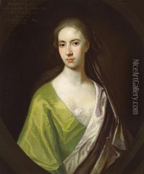 A Portrait Of Margaret Elphinstone, Half-length, In A Green Gown And Lavender Cape Oil Painting - Charles Jervas
