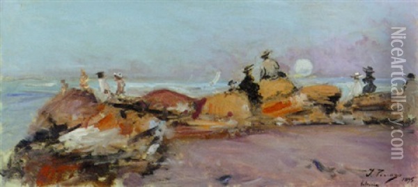 On The Rocky Coast Oil Painting - Ignacio Pinazo Camarlench