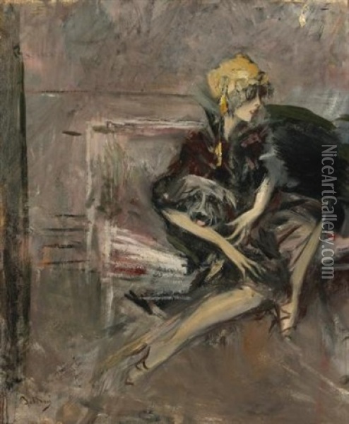 Lady In A Yellow Hat With Her Dog Oil Painting - Giovanni Boldini