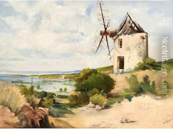 Moulin A Vent Au Bord De L'etang De Berre. Oil Painting - Theophile Decanis