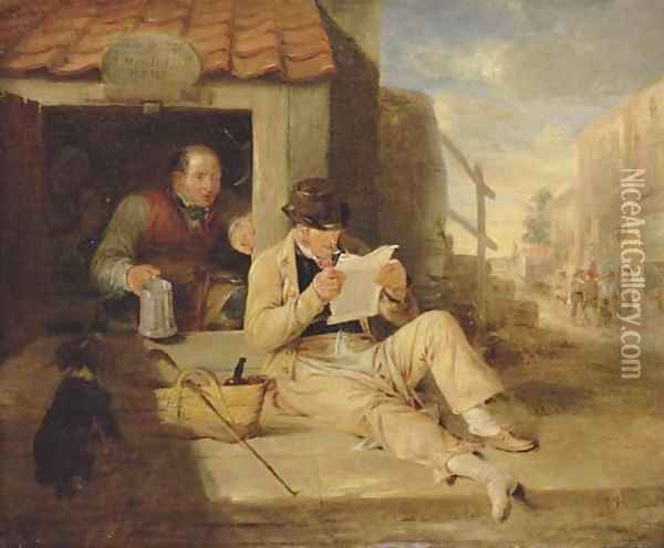 The cobblers Portrait of a man, small full-length, reclining reading a newspaper by a cobblers Oil Painting - Sir William Allan
