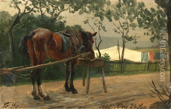 Angeschirrtes Pferd Am Futtertrog Oil Painting - Carl Wilhelm Mueller