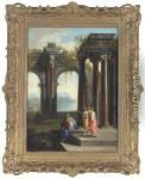 A Capriccio Of Classical Ruins With Elegant Figures And Mountainsbeyond Oil Painting - Giovanni Ghisolfi