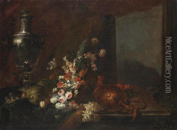 An Urn, Watermelons, A Wicker 
Basket With Roses, Tulips And Various Other Flowers, And A Pitcher, All 
On A Partially Draped Wooden Table Oil Painting - Alexandre-Francois Desportes