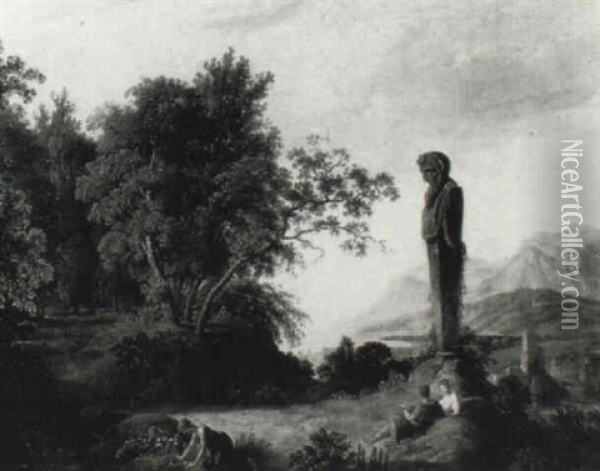 Classical Italianate Landscape With Figures Beneath A Statue Of Pan Oil Painting - Louis Gauffier