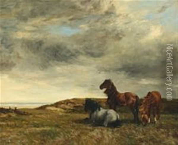 Horses In The Dunes Overlooking The Ocean Oil Painting - Charles Gosselin