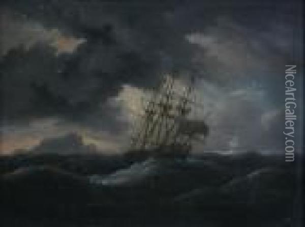 A Three Masted Vesselin A Squal Oil Painting - Thomas Luny