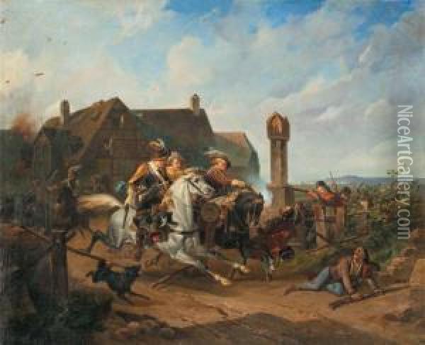 Traversee D'un Village Par Une Horde De Cavalier Oil Painting - Christian Johann G. Perlberg