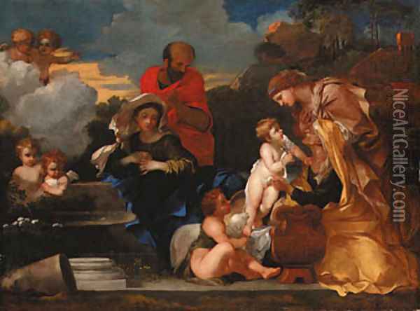 The Holy Family with the infant Saint John the Baptist and Saints Anne and Elizabeth Oil Painting - Sebastien Bourdon