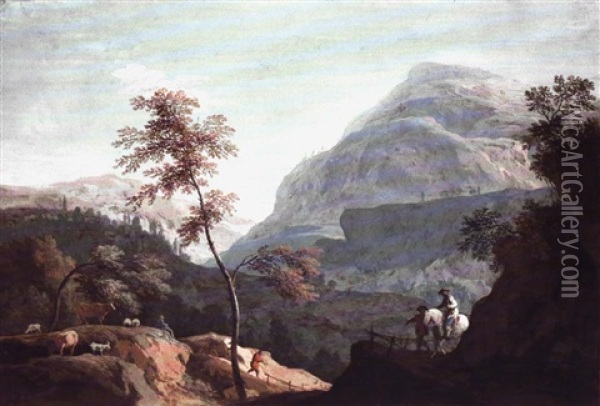 Peasants With Animals And Travellers In A Mountainous       Landscape Oil Painting - Marco Ricci