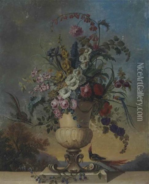 Roses, Irises, Morning Glory, Fox Glove And Other Flowers In A Sculpted Urn, On A Ledge, With Birds, In A Landscape Oil Painting - Jean-Jacques Bachelier