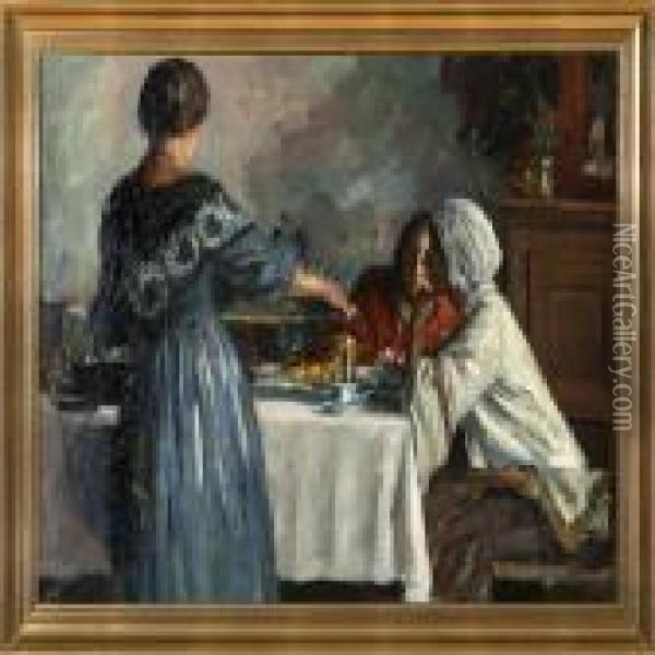 At The Table Oil Painting - Herman A. Vedel