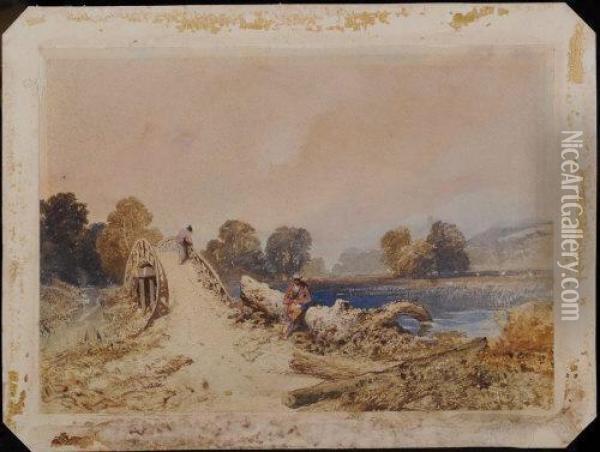 A Rustic Bridge With Two Figures Oil Painting - Thomas Miles Richardson