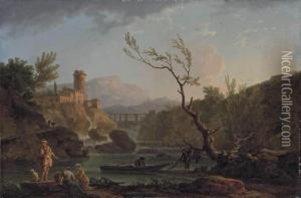 A Capriccio View Of Montferrat 
At Dawn With The Gorges De Verdon And The River Nartuby, With Fishermen 
Unloading Their Catch Oil Painting - Claude-joseph Vernet