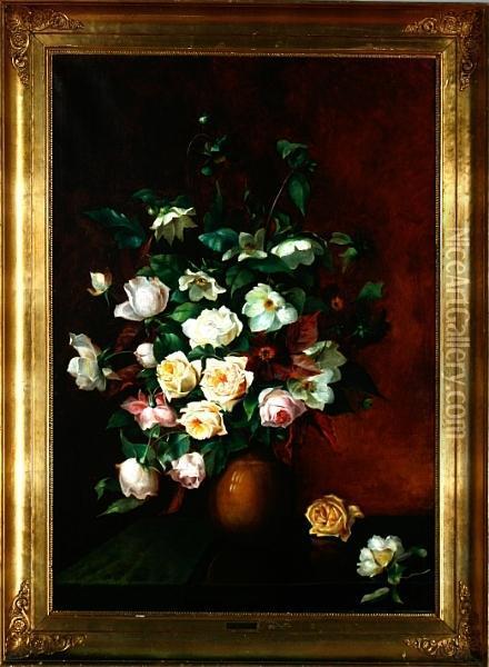 A Still Life With Yellow And Pink Roses In A Vase On A Table Oil Painting - Emil C. Unlitz