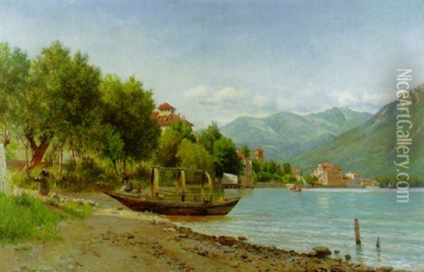 View Of Lake Lugano And The Northern Italian Alps Oil Painting - August Fischer