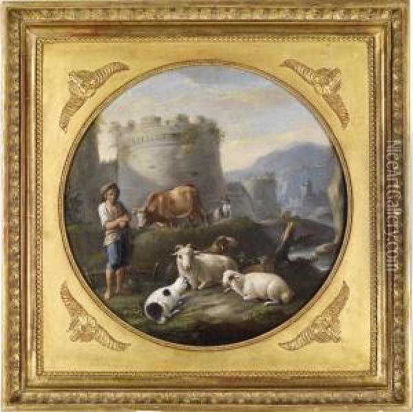 A Pair Of Landscapes Depicting The Campagnawith Shepherds And Animals Oil Painting - Paolo Monaldi