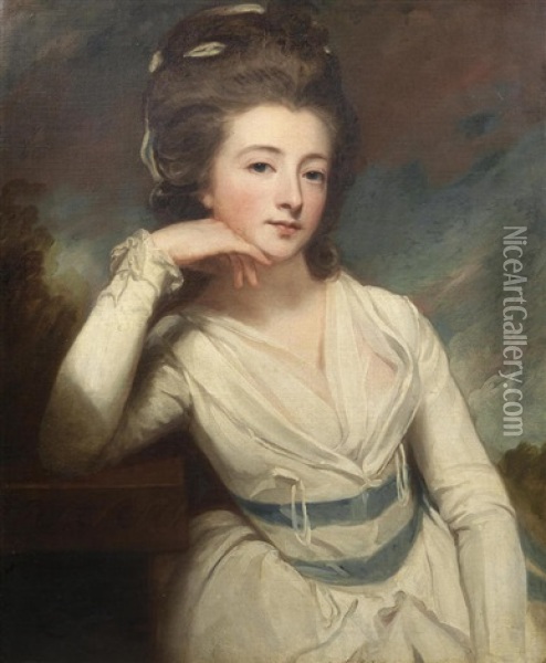 Portrait Of Elizabeth Burgoyne, Half-length, In A White Dress Oil Painting - George Romney